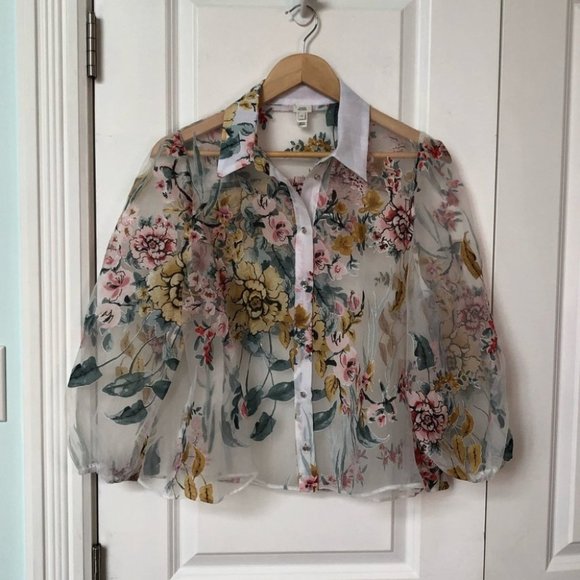 ❌️SOLD ❌️ River Island Sheer Puff Sleeve Floral Top - Picture 9 of 9